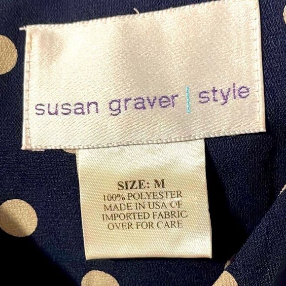 Susan Graver navy w polka dots button up gentle ruffle collar blouse M - Picture 7 of 9